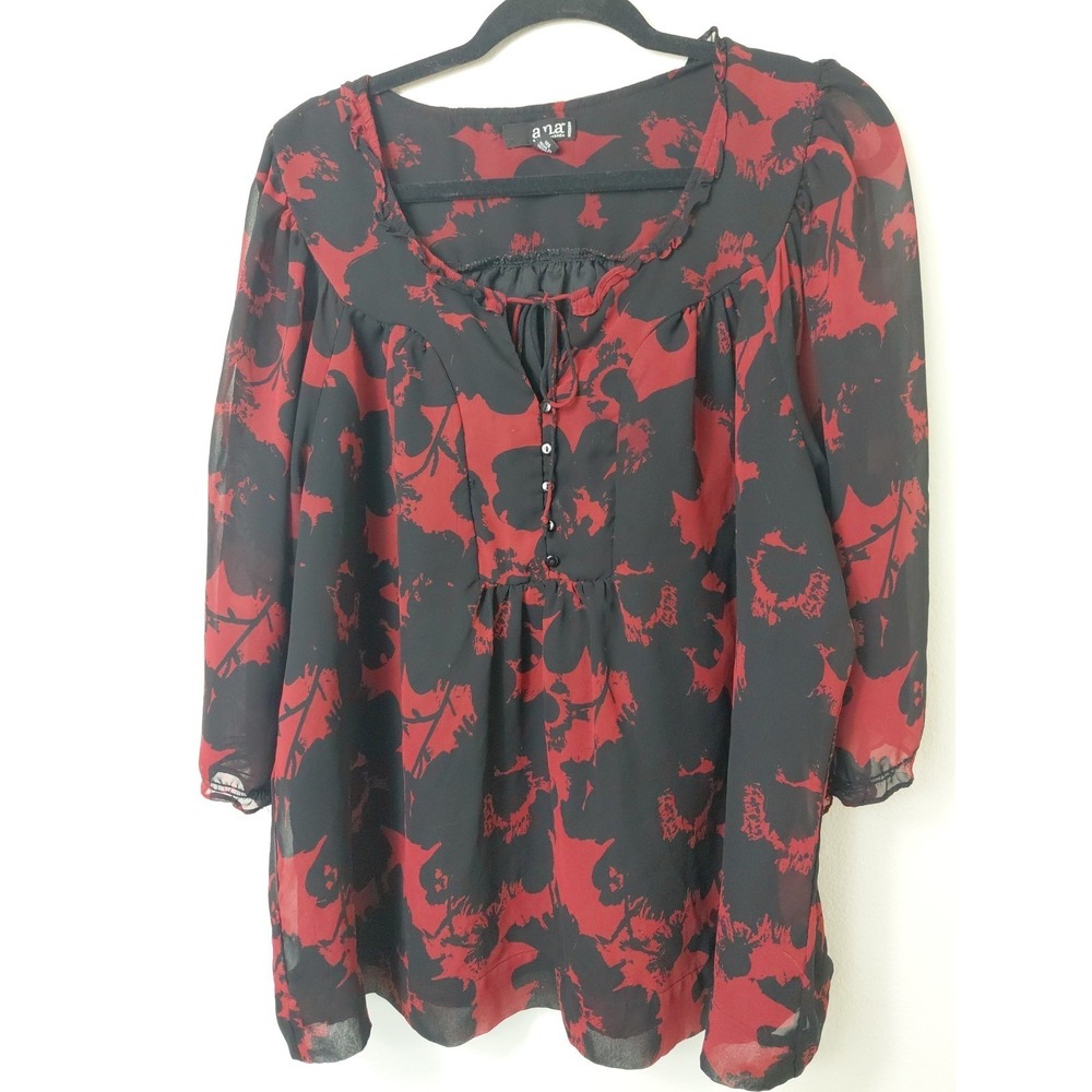 Women's A.N.A 1X Blouse Floral Boho Peasant Elevated Whimsigoth Dark Romantic